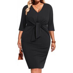 Plus Size Women Work Dress V-Neck Tie Waist Sheath Fabric Combo